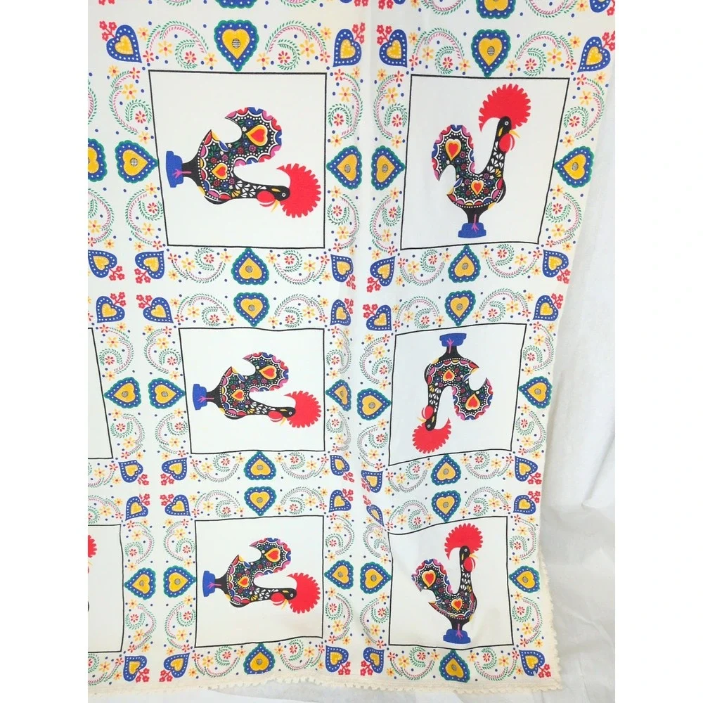 Linen Cotton Portugal Good Luck Rooster Tablecloth  55x73 Folk Art Dala Fabric